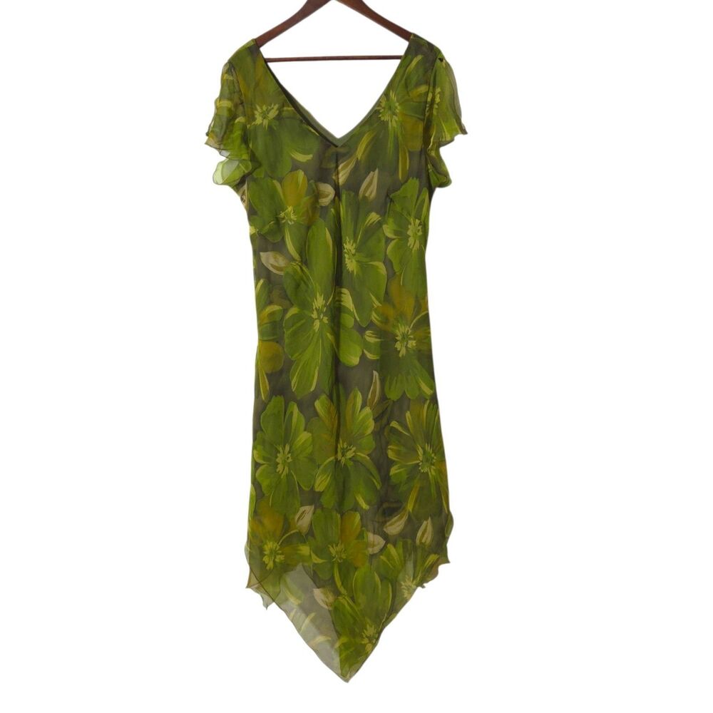 Vintage Floral Green Fairy Dress Size 20 Hanky Hem Butterfly Sleeve V-Neck
